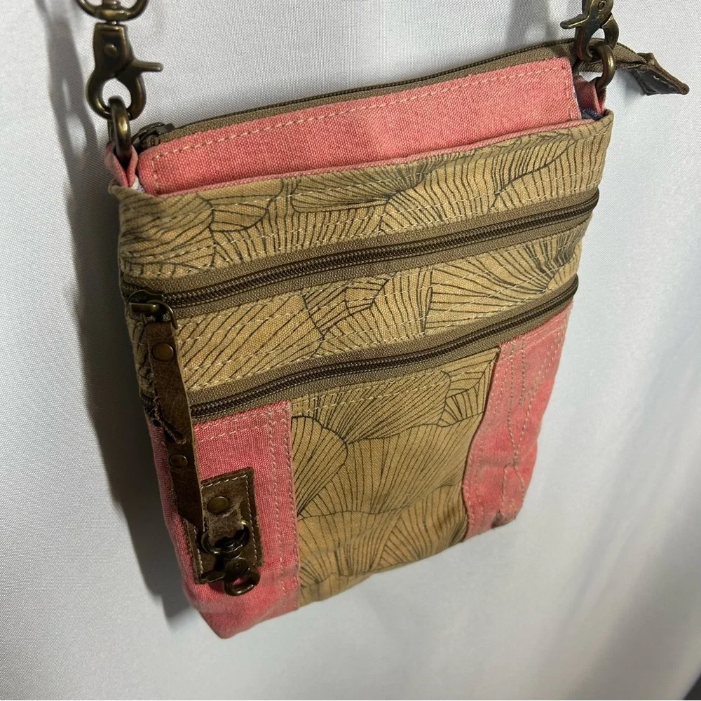 Canvas Crossbody Purse Pink Floral Handbag Tan Zipper Boho